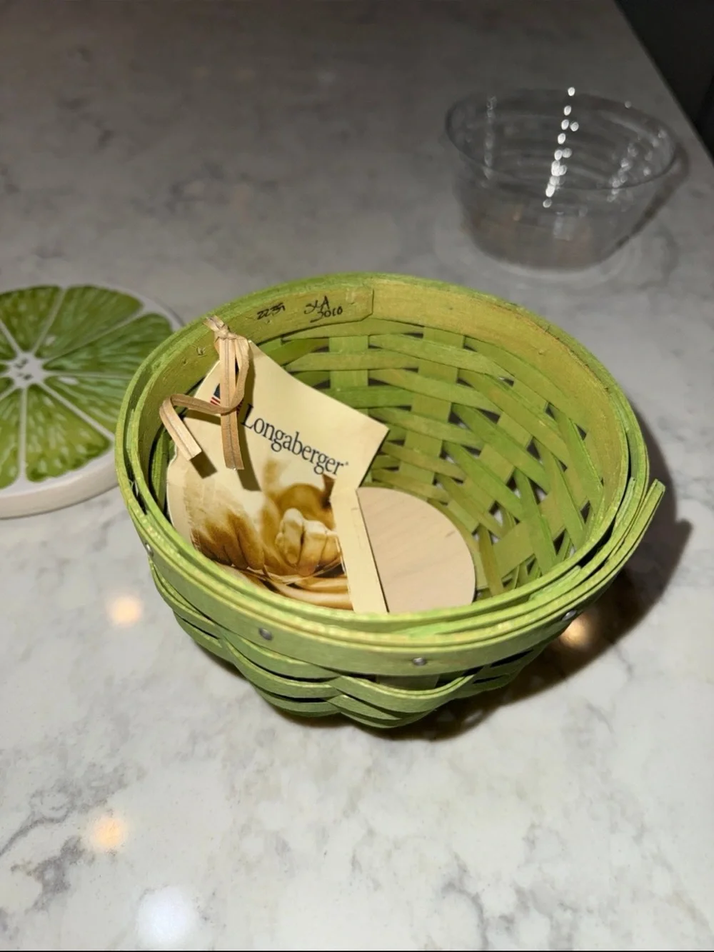 Longaberger 2010 Lime Basket Wood Lid Plastic Protector Handwoven Cottagecore